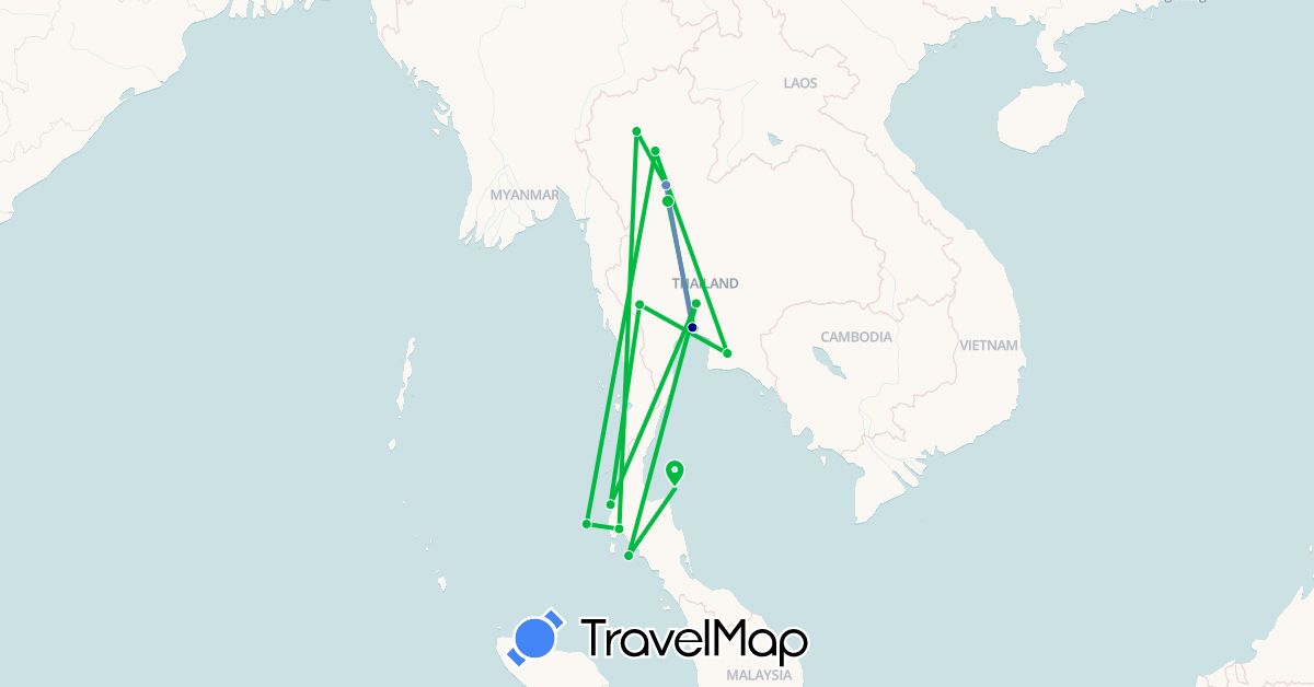 TravelMap itinerary: driving, bus, cycling in Thailand (Asia)